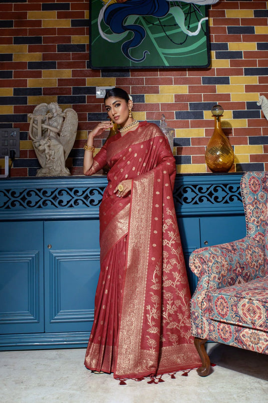 Maroon Banarasi Raw Silk Zari Weaving Traditional Saree