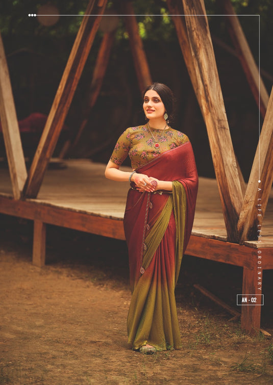 Maroon Trendy 3D Velvet Chiffon Ombre Saree With Sequence Embroidered Blouse