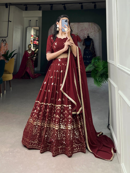 Maroon Georgette Sequins And Thread Embroidered Work Semi Stitched Lehenga Choli