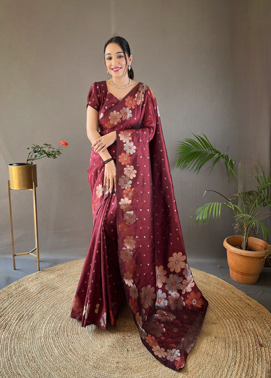 Maroon classic soft silk copper and gold floral weaving saree