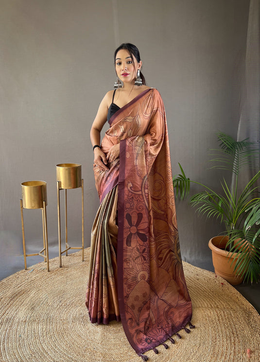 Maroon satin cotton kalamkari digital printed saree