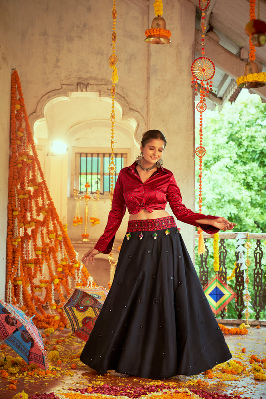 Maroon-Black Gaji Silk Printed And Embroidered Work Lehenga Choli