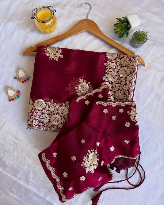 Maroon Burberry Silk Zari Embroidered Work Saree