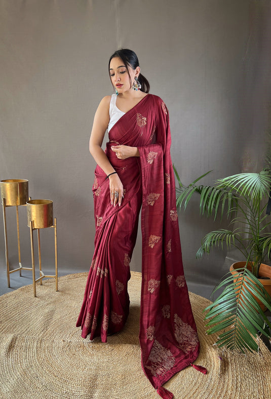 Maroon Silk Zari Based Embroidered Saree