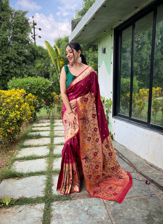 Maroon Classic Pure Paithani Traditional Border Zari Weaving Saree