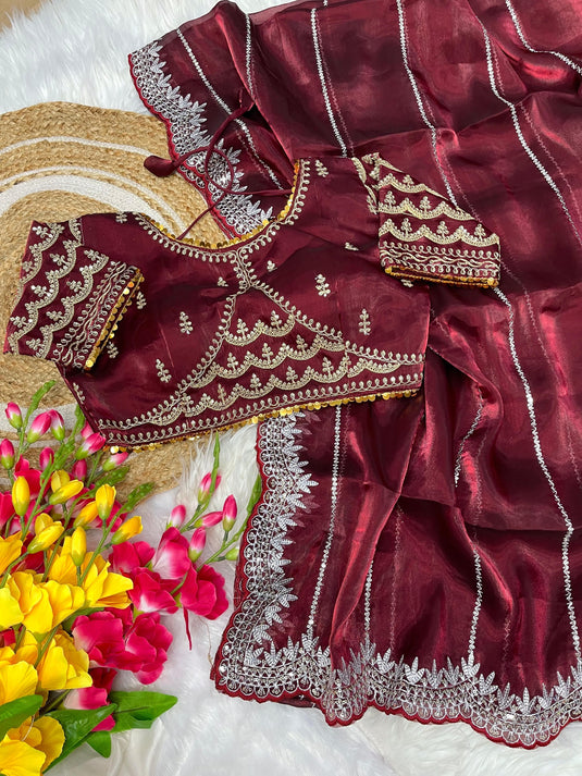 Maroon Metallic Organza Sequence Embroidered Work Saree