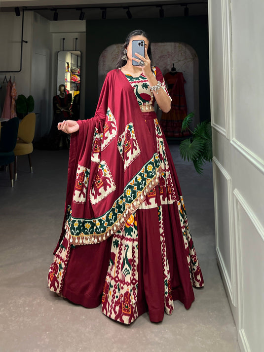 Maroon Rayon Printed Silk Fully Stitched Lehenga Choli