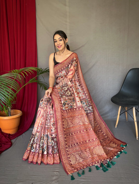 Maroon Pure Cotton Kashmiri Floral Print Saree