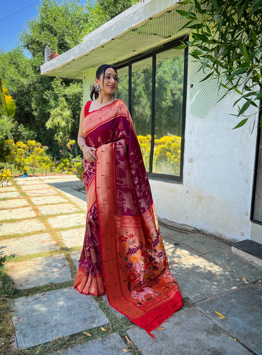 Maroon Traditional Pure Soft Paithani Silk Zari Weaving Saree