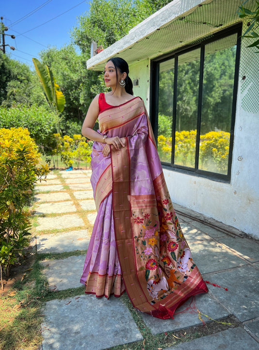 Mauve Traditional Pure Soft Paithani Silk Zari Weaving Saree