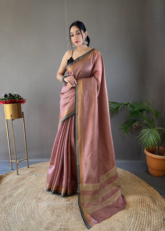 Mauve Soft Silk Zari Check Weaving Design Saree