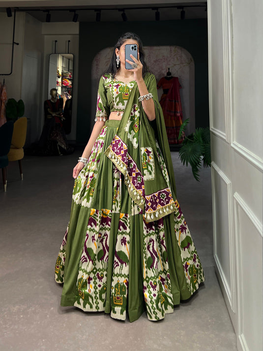 Mehndi Green Rayon Printed Silk Fully Stitched Lehenga Choli