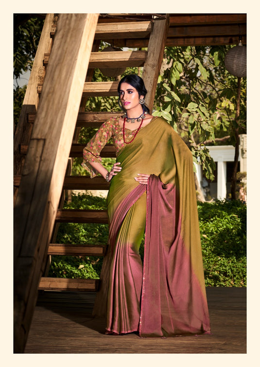 Mehendi Green Trendy 3D Velvet Chiffon Ombre Saree With Sequence Embroidered Blouse