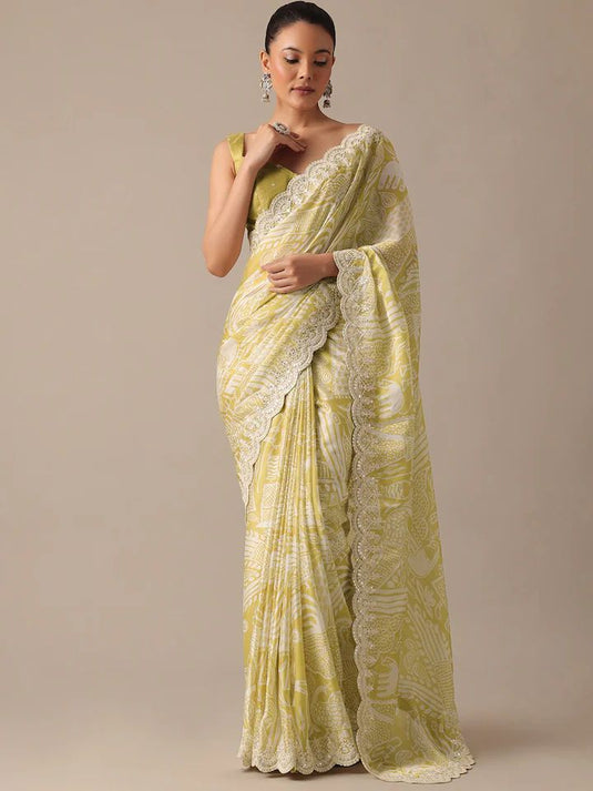 Light Green Abstract Digital Printed Designer Saree