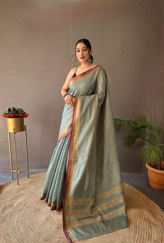 Mint Green Soft Silk Zari Check Weaving Design Saree