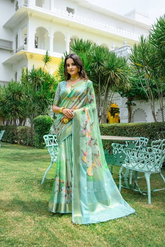 Green Soft Linen Cotton Digital Printed Summer Saree