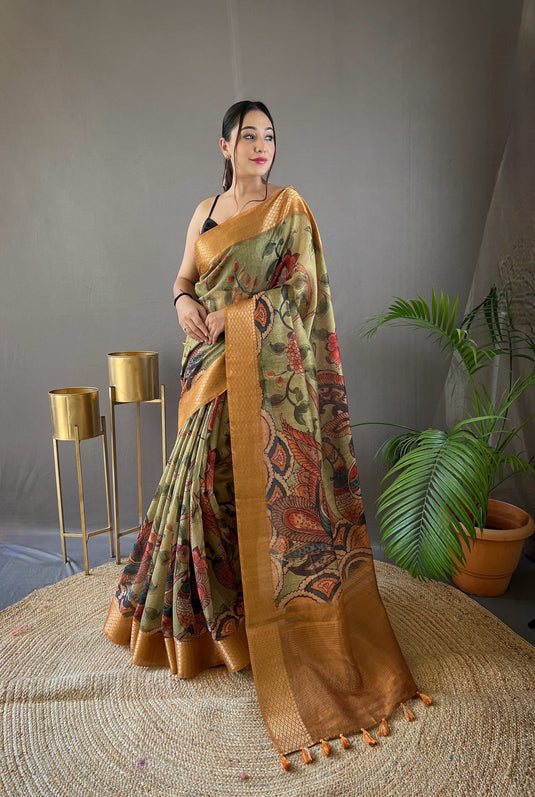 Mint green pure tussar silk kalamkari digital printed saree