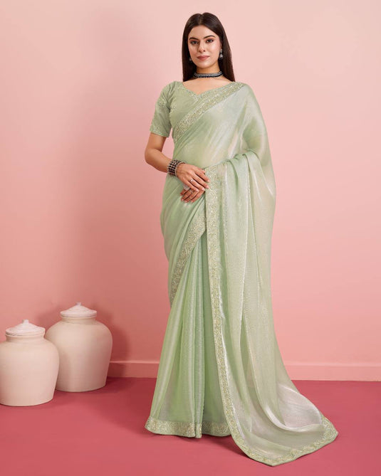 Mint Green Burberry Silk Embroidered Cutwork Border Saree