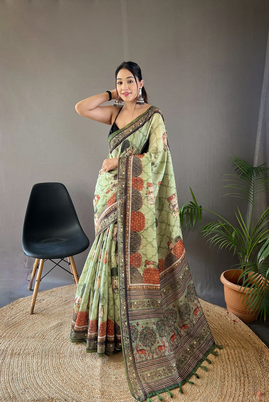 Mint green pure soft cotton tussar silk elegant print saree