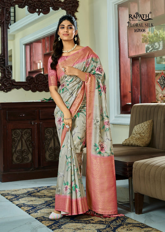 Mint Green Pure Handloom Kotha Silk Floral Printed Zari Weaving Saree