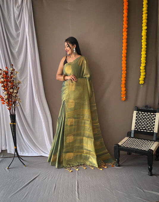 Mint Green Classic Tissue Silk Zari Weaving With Mango Border Saree