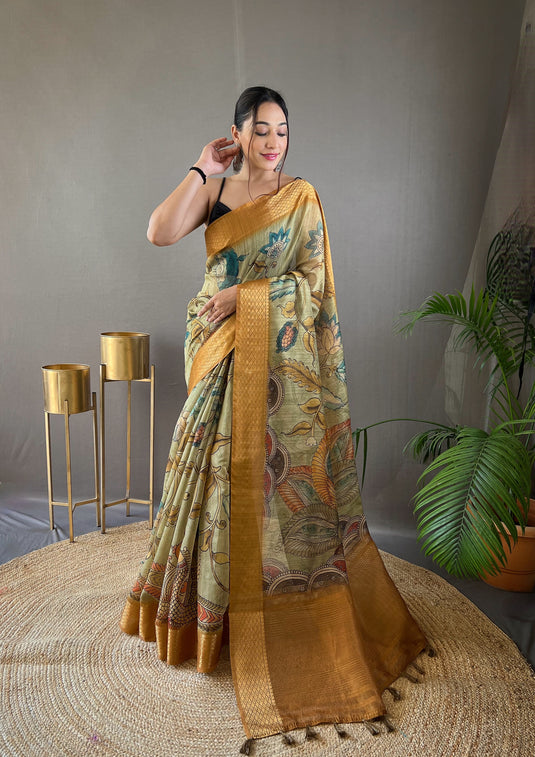 Mint Green Pure Tussar Silk Handprinted Kalamkari Print Saree