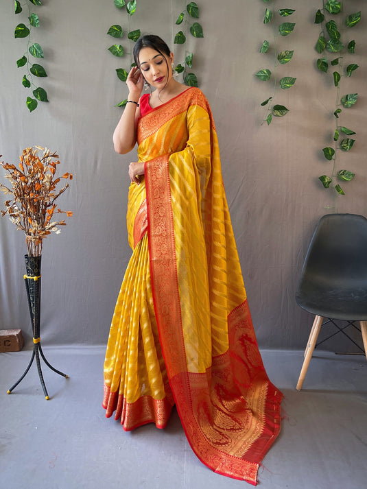 Mustard Yellow Pure Organza Jacquard Border Saree