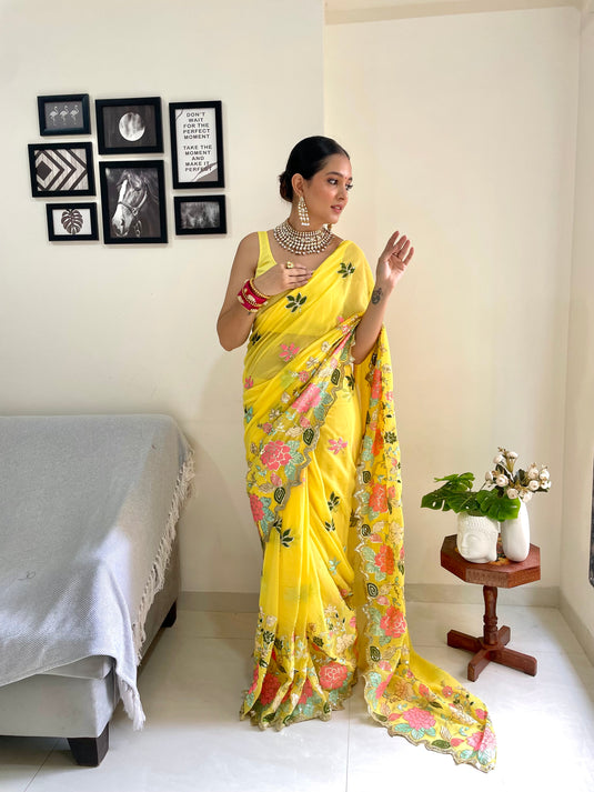 Mustard Yellow Designer Heavy Georgette Sequence Embroidered Work Saree