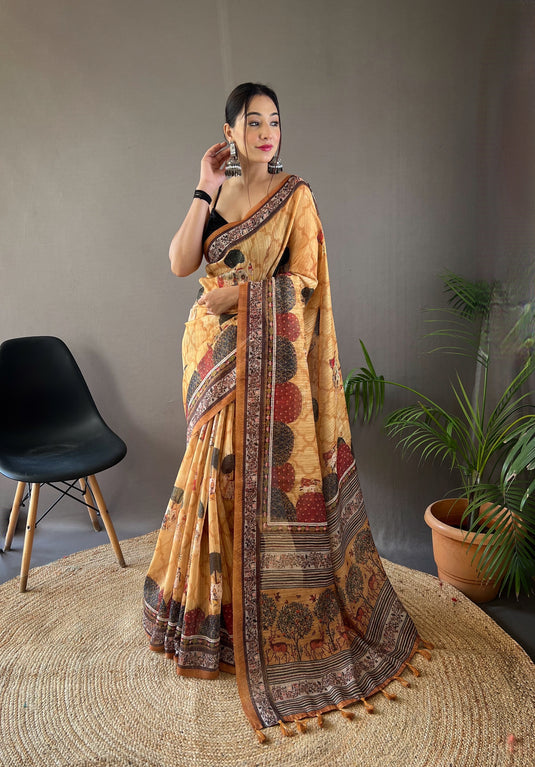 Mustard Yellow pure soft cotton tussar silk elegant print saree