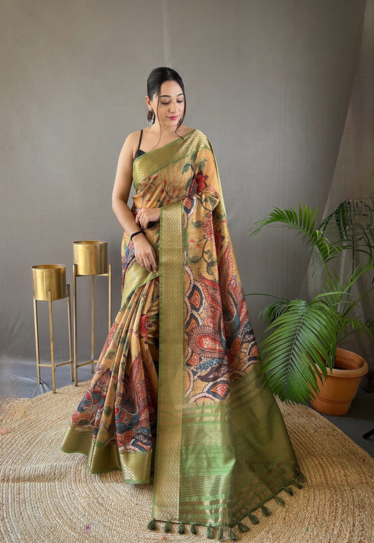 Mustard Yellow pure tussar silk kalamkari digital printed saree