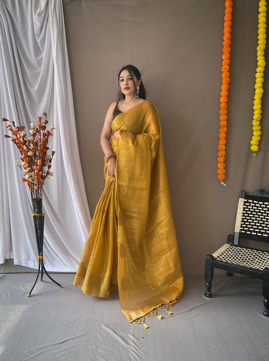 Mustard Yellow Classic Tissue Silk Zari Weaving With Mango Border Saree