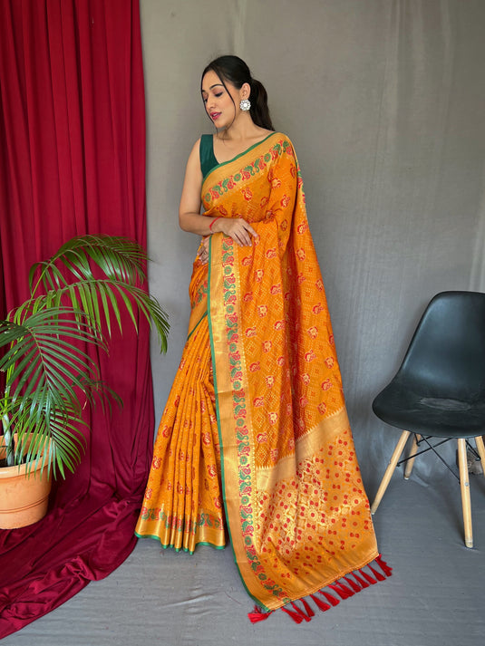 Mustard yellow pure kutchi patola weaving silk saree