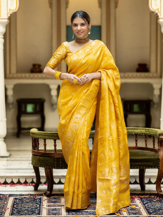 Mustard Yellow Banarasi Silk Traditional Saree