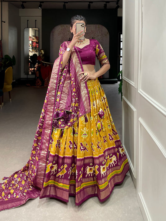 Mustard Yellow Tussar Silk Patola Print Semi Stitched Lehenga Choli