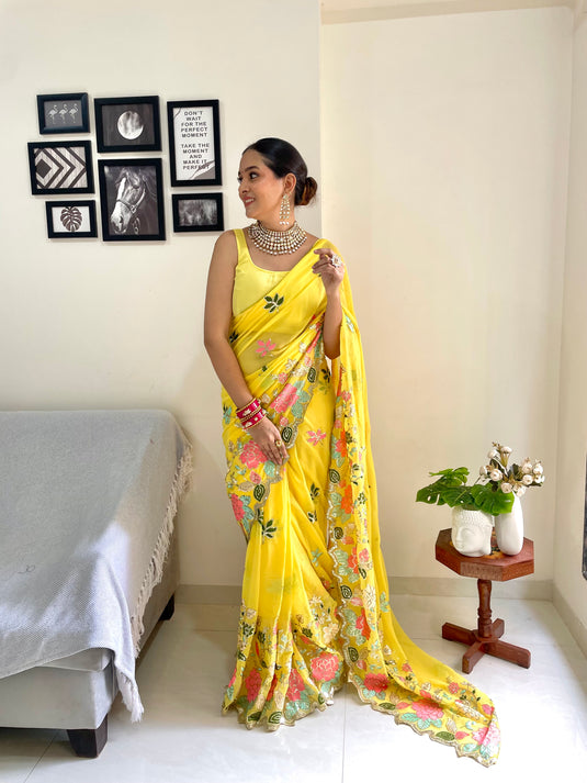 Mustard Yellow Designer Heavy Georgette Sequence Embroidered Work Saree