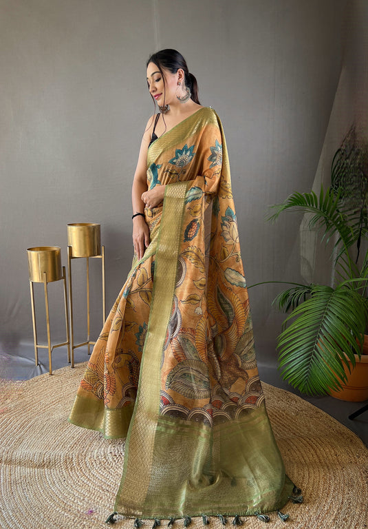 Mustard Yellow Pure Tussar Silk Handprinted Kalamkari Print Saree