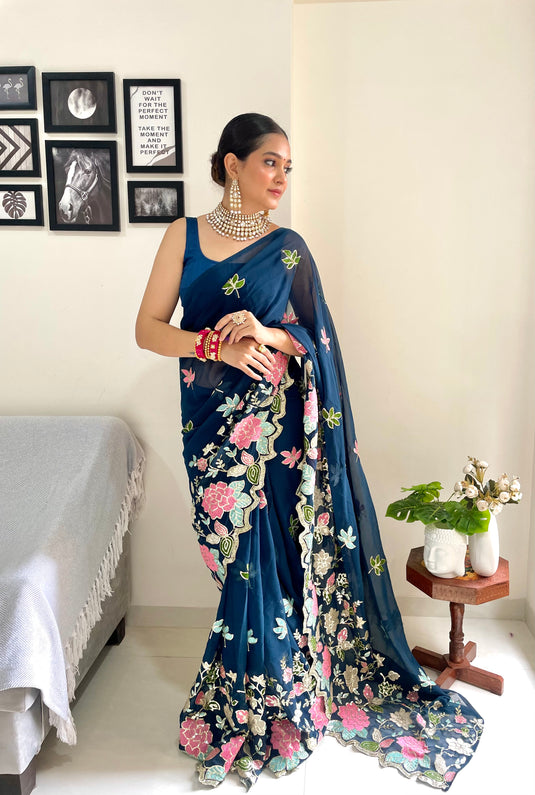 Navy Blue Designer Heavy Georgette Sequence Embroidered Work Saree