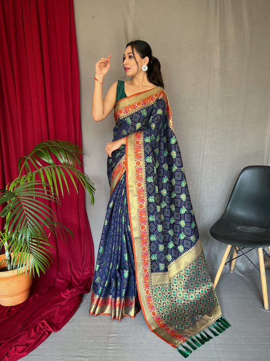 Navy Blue pure kutchi patola weaving silk saree