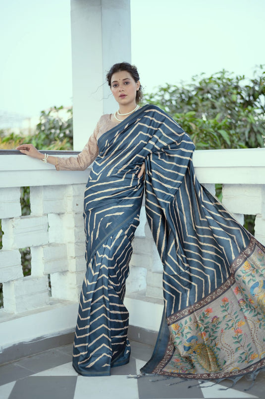 Navy Blue Elegant Tissue Silk Lehriya Printed Saree