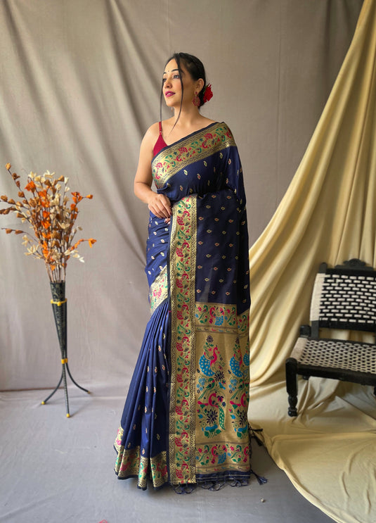 Navy Blue Paithani Soft Silk Peacock Motif Saree