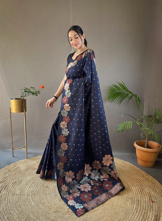 Navy Blue classic soft silk copper and gold floral weaving saree