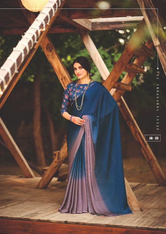 Navy Blue Trendy 3D Velvet Chiffon Ombre Saree With Sequence Embroidered Blouse