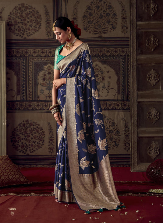 Navy Blue Pure Dola Silk Meenakari Weaving Traditional Saree