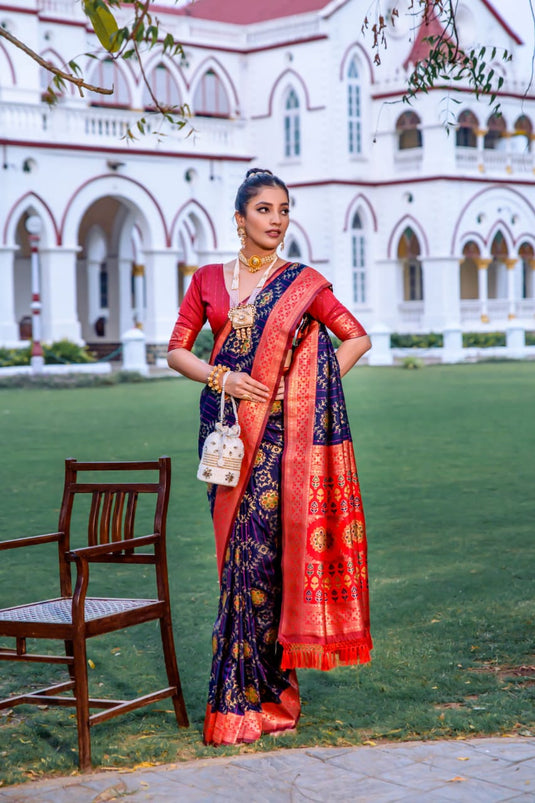 Navy Blue Banarasi Soft Silk Patola Zari Weaving Pattern Saree