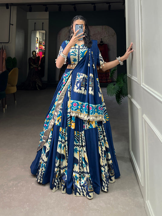 Navy Blue Rayon Printed Silk Fully Stitched Lehenga Choli