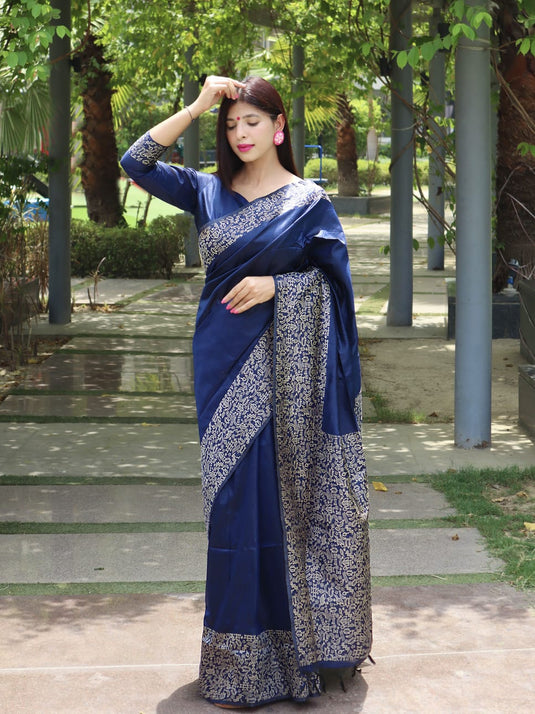 Navy Blue Elegant Handloom Raw Silk Rich Weaving Pallu Saree