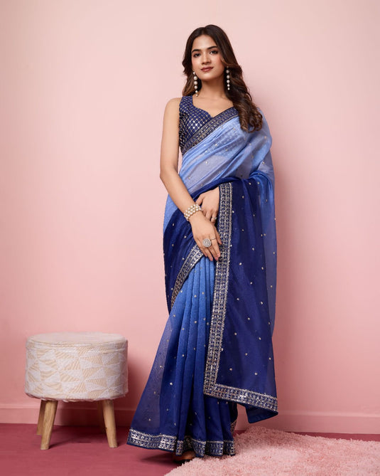 Navy Blue Taby Organza Silk Sequence Embroidered Border Saree