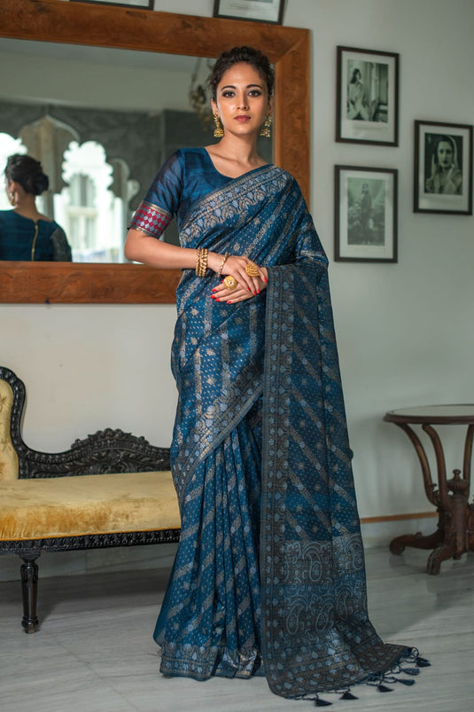 Navy Blue Tussar Silk Jamdani Weaving Zari Woven Saree