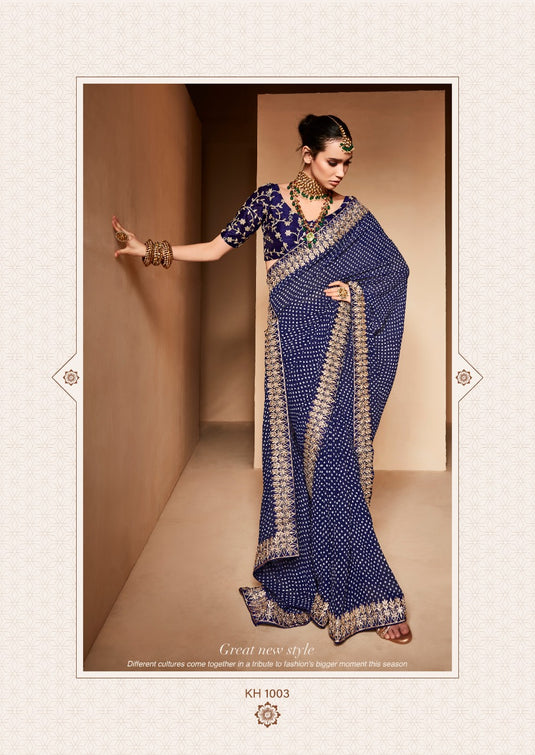 Navy Blue Heavy Georgette Traditional Printed Border Embroidered Saree