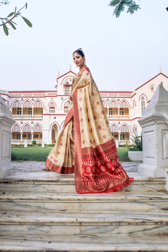 Off-White Banarasi Soft Silk Patola Zari Weaving Pattern Saree